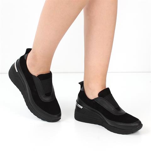 Kadın Siyah Dolgu Topuklu Süet Deri Sneaker