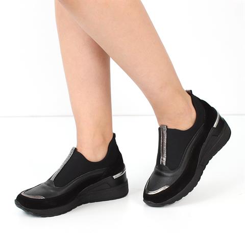 Kadın Siyah Dolgu Topuklu Süet Deri Sneaker