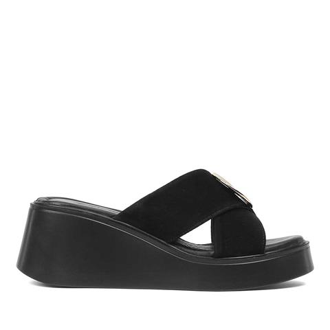 Kadın Siyah Dolgu Topuklu Süet Deri Terlik