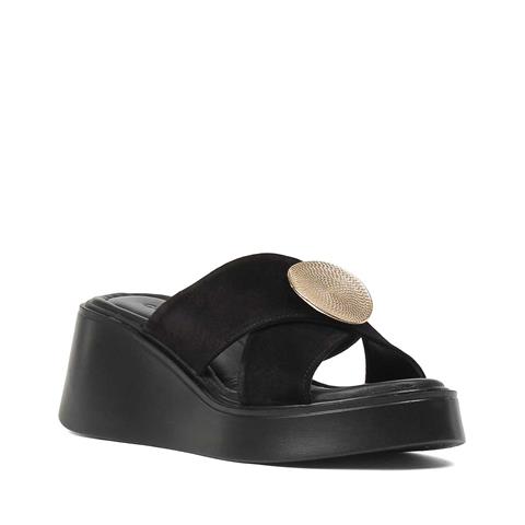 Kadın Siyah Dolgu Topuklu Süet Deri Terlik