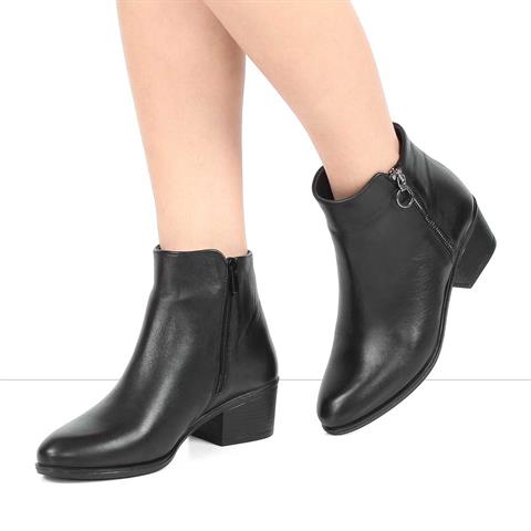 Kadın Siyah Fermuarlı Deri Bot