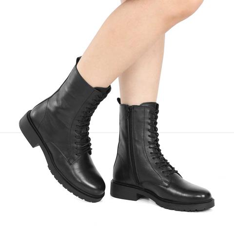Kadın Siyah Fermuarlı Kalın Tabanlı Deri Postal Bot