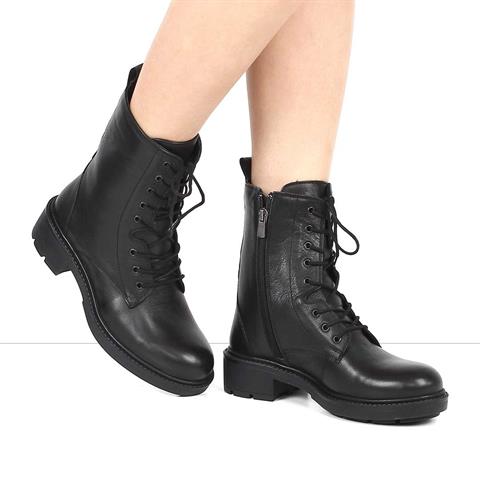 Kadın Siyah Fermuarlı Kalın Tabanlı Deri Postal Bot