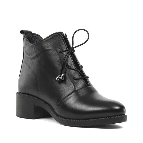 Kadın Siyah Fermuarlı Kalın Tabanlı Deri Bot