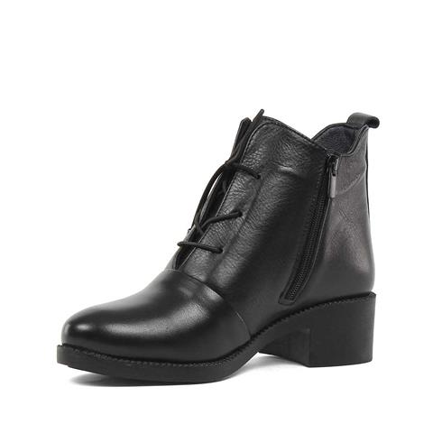 Kadın Siyah Fermuarlı Kalın Tabanlı Deri Bot