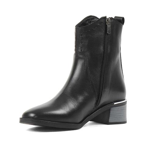 Kadın Siyah Fermuarlı Kalın Topuklu Deri Bot
