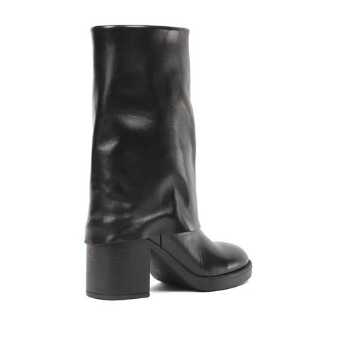 Kadın Siyah Fermuarlı Kalın Topuklu Deri Çizme