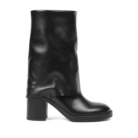 Kadın Siyah Fermuarlı Kalın Topuklu Deri Çizme