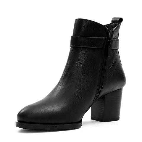 Kadın Siyah Fermuarlı Kalın Topuklu Deri Bot