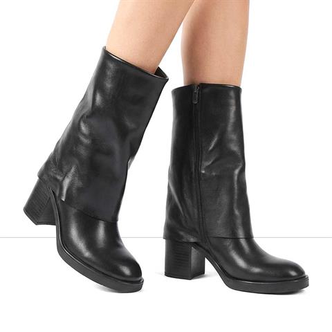 Kadın Siyah Fermuarlı Kalın Topuklu Deri Çizme