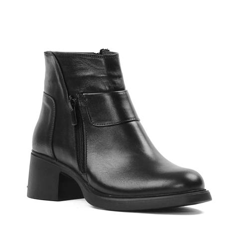 Kadın Siyah Fermuarlı Kalın Topuklu Deri Bot