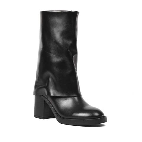 Kadın Siyah Fermuarlı Kalın Topuklu Deri Çizme