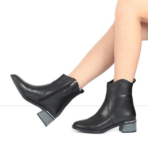 Kadın Siyah Fermuarlı Kalın Topuklu Deri Bot