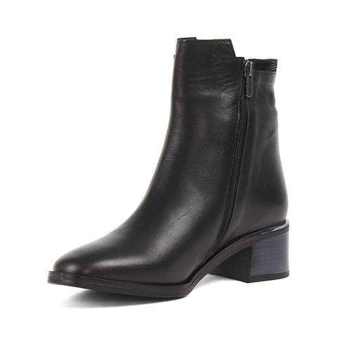 Kadın Siyah Fermuarlı Kalın Topuklu Deri Bot