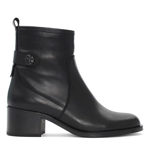 Kadın Siyah Fermuarlı Kalın Topuklu Deri Bot