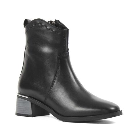 Kadın Siyah Fermuarlı Kalın Topuklu Deri Bot