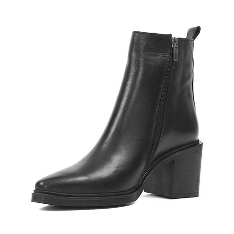 Kadın Siyah Fermuarlı Kalın Topuklu Deri Bot