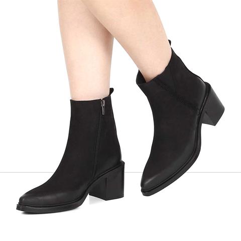 Kadın Siyah Fermuarlı Kalın Topuklu Nubuk Deri Bot