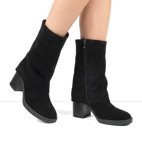 Kadın Siyah Fermuarlı Kalın Topuklu Süet Deri Çizme