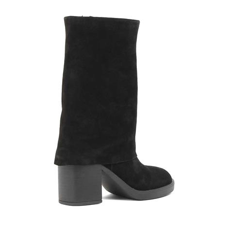 Kadın Siyah Fermuarlı Kalın Topuklu Süet Deri Çizme