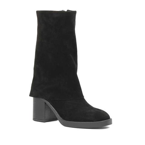 Kadın Siyah Fermuarlı Kalın Topuklu Süet Deri Çizme