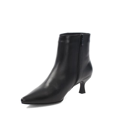 Kadın Siyah Fermuarlı Kısa İnce Topuklu Deri Bot