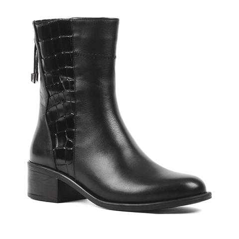 Kadın Siyah Fermuarlı Kroko Deri Bot
