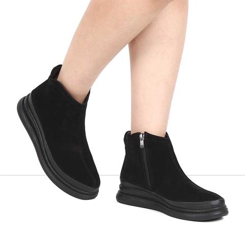 Kadın Siyah Fermuarlı Süet Deri Bot
