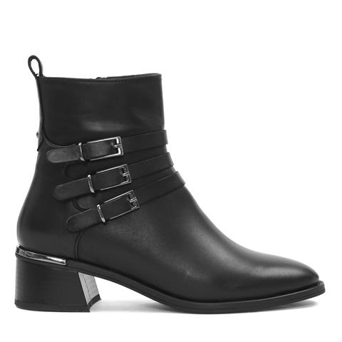 Kadın Siyah Fermuarlı Toka Detaylı Deri Bot