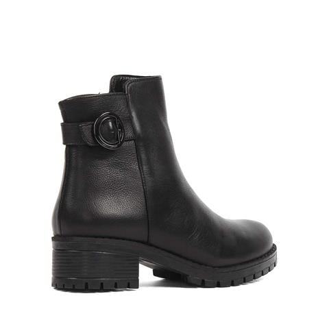 Kadın Siyah Fermuarlı Tokalı Deri Bot