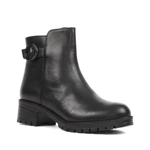Kadın Siyah Fermuarlı Tokalı Deri Bot
