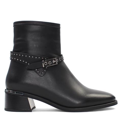 Kadın Siyah Fermuarlı Tokalı Kalın Topuklu Deri Bot