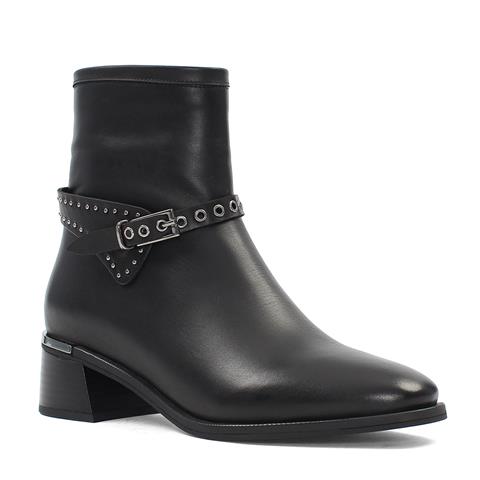 Kadın Siyah Fermuarlı Tokalı Kalın Topuklu Deri Bot