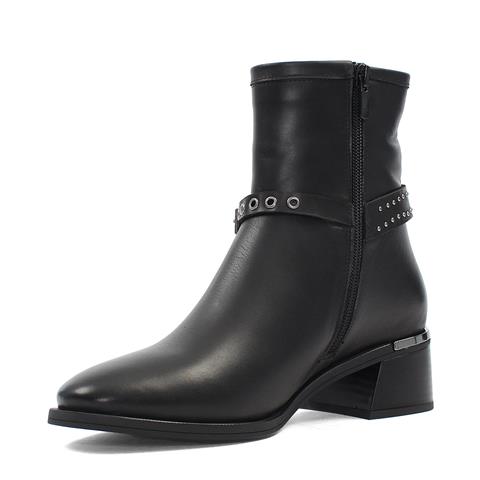 Kadın Siyah Fermuarlı Tokalı Kalın Topuklu Deri Bot