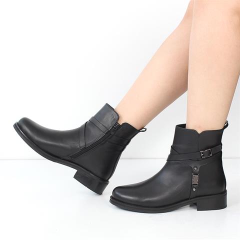 Kadın Siyah Fermuarlı Tokalı Kalın Topuklu Deri Bot
