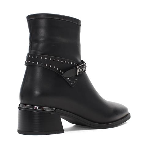 Kadın Siyah Fermuarlı Tokalı Kalın Topuklu Deri Bot