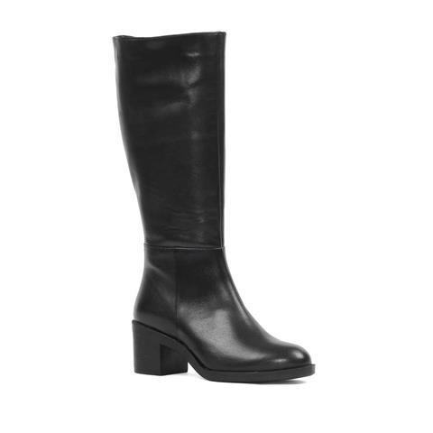 Kadın Siyah Fermuarlı Topuklu Deri Çizme