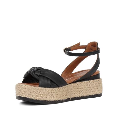 Kadın Siyah Hasır Tabanlı Deri Sandalet