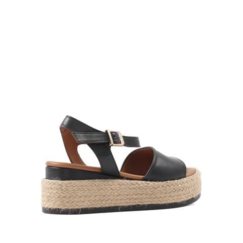 Kadın Siyah Hasır Tabanlı Deri Sandalet