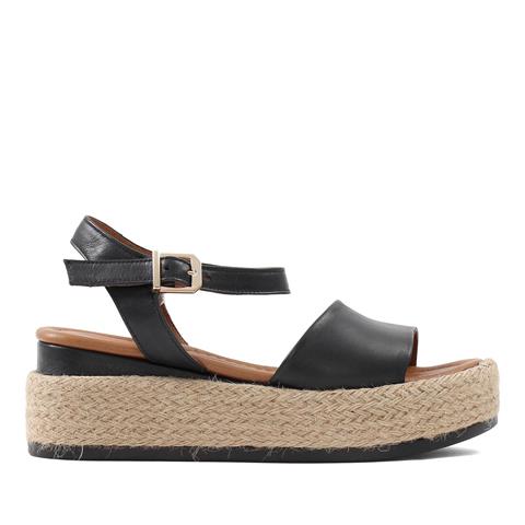Kadın Siyah Hasır Tabanlı Deri Sandalet