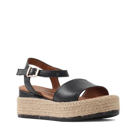 Kadın Siyah Hasır Tabanlı Deri Sandalet