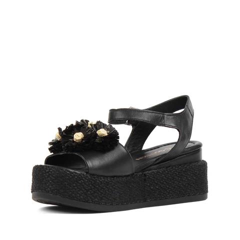 Kadın Siyah Hasır Tabanlı Deri Sandalet