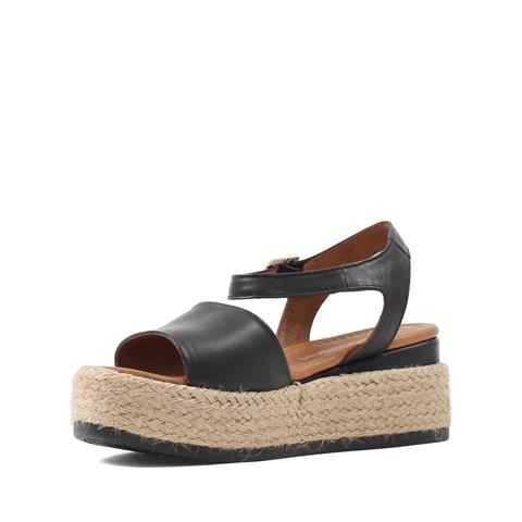 Kadın Siyah Hasır Tabanlı Deri Sandalet