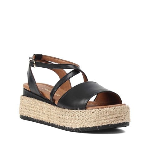 Kadın Siyah Hasır Tabanlı Deri Sandalet