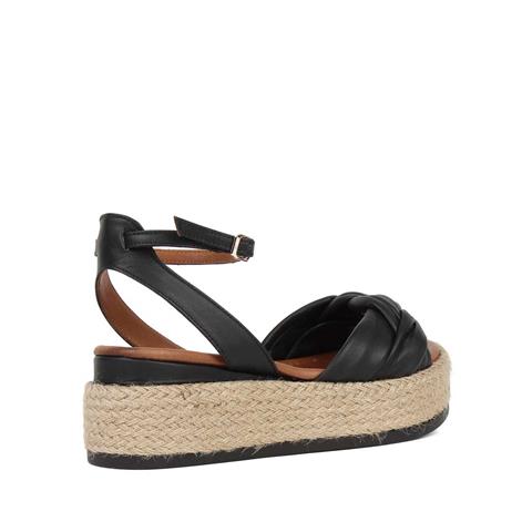 Kadın Siyah Hasır Tabanlı Deri Sandalet