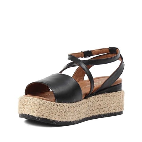 Kadın Siyah Hasır Tabanlı Deri Sandalet