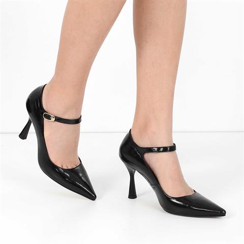 Kadın Siyah İnce Topuklu Rugan Deri Klasik Ayakkabı