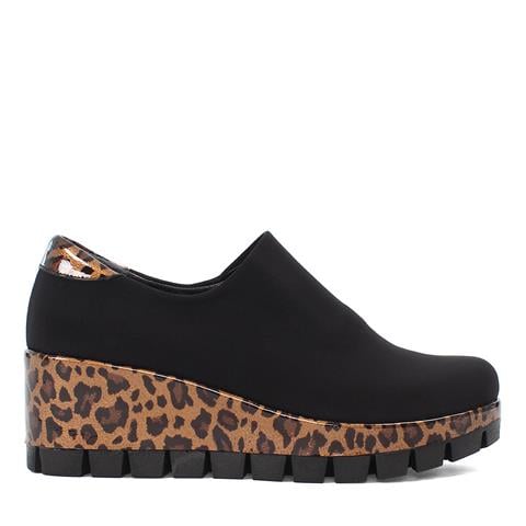 Kadın Siyah Kahverengi Leopar Desenli Streç Dolgu Topuklu Ayakkabı