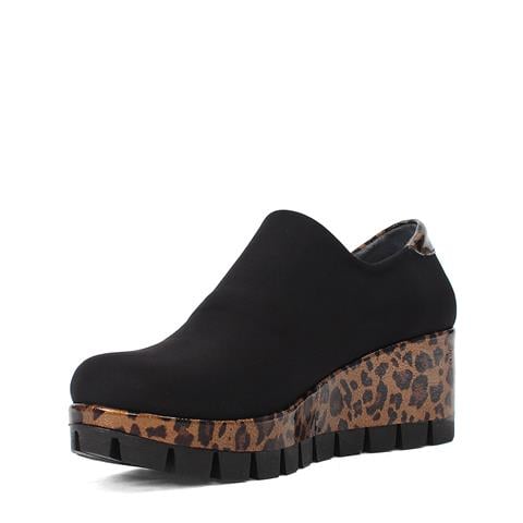 Kadın Siyah Kahverengi Leopar Desenli Streç Dolgu Topuklu Ayakkabı