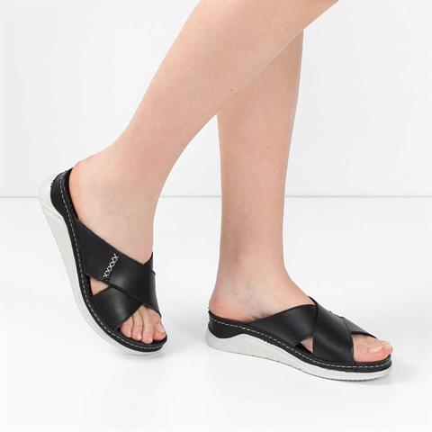 Kadın Siyah Kalın Bantlı Deri Terlik